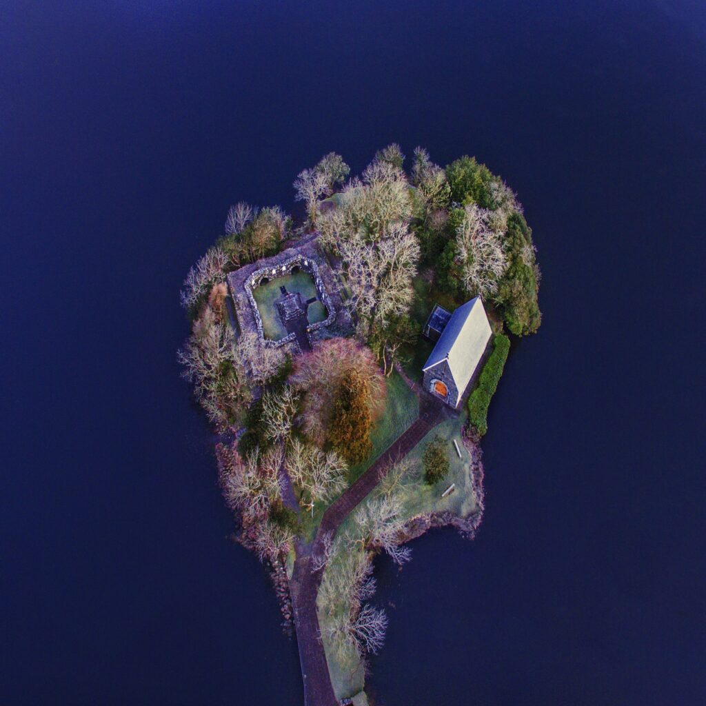 Ariel view of St. Finbarr's Oratory, Gougane Barra Cork, West Cork, Ireland by JOD'PHotography