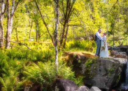Bride and groom lost in the enchanting woods of Gougane barra Cork Ireland
