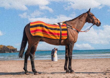 Bride and groom standing between a horses legs on a beach in Clonakility West Cork Ireland on a super sunny blue sky day