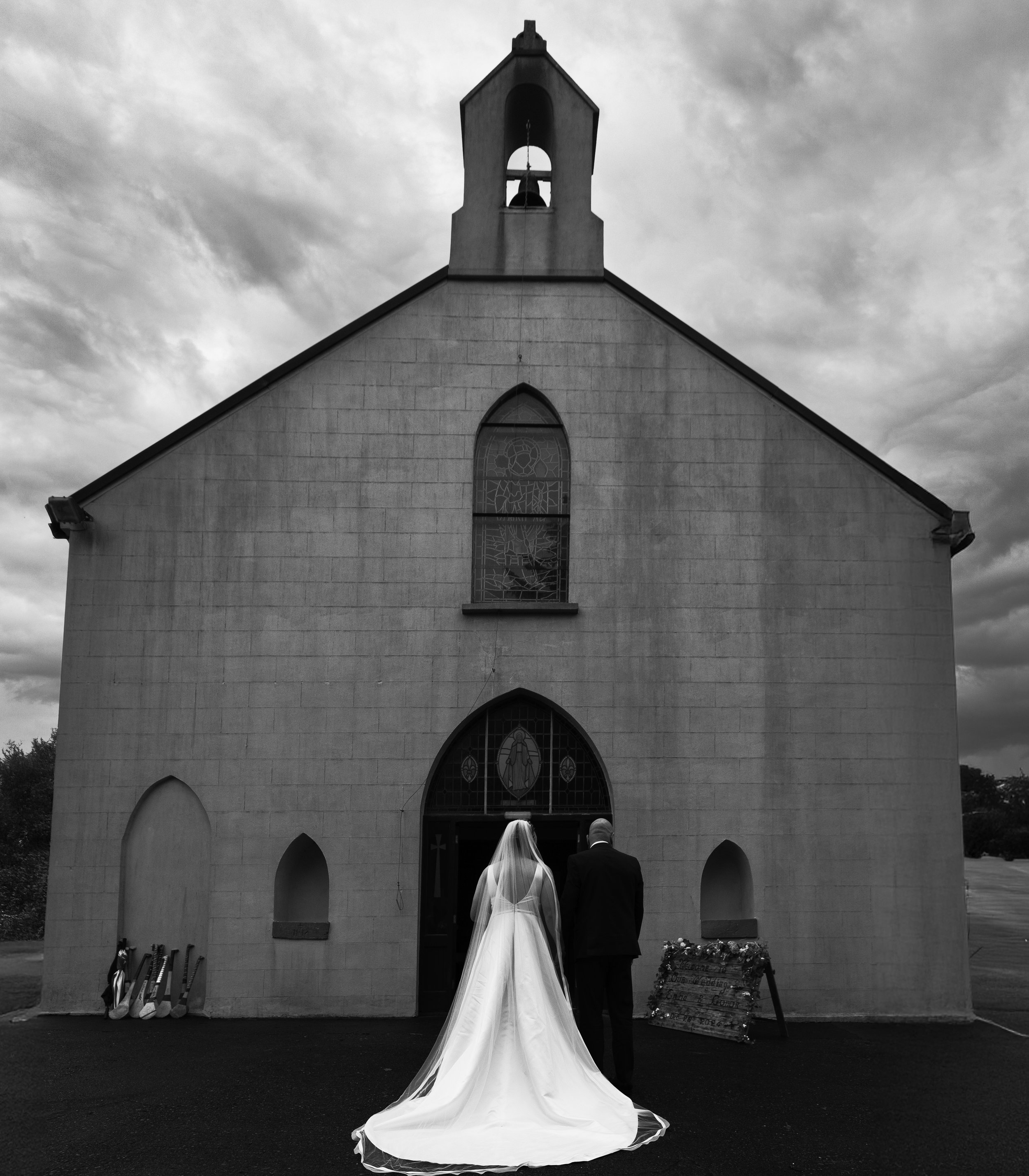 Father and daughter about to walk into the church at Kilmichael Church Cork to get married