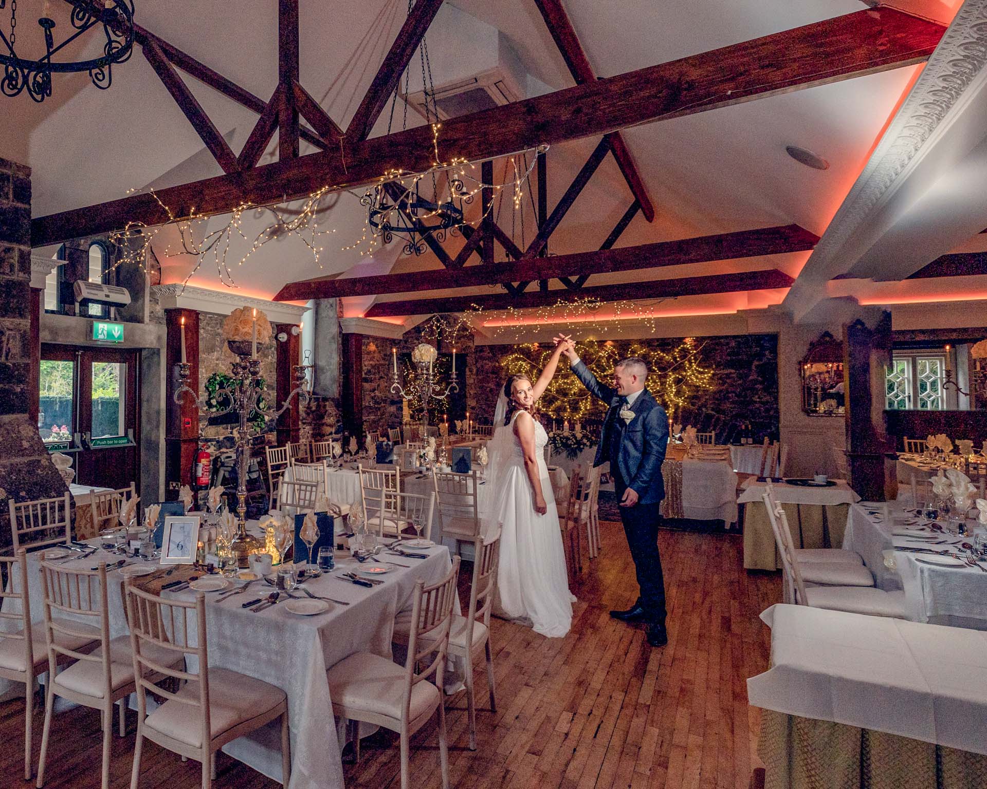 Wedding guests enjoying the party under the stars at Ballyseedy Castle, Kerry, JOD'Photography