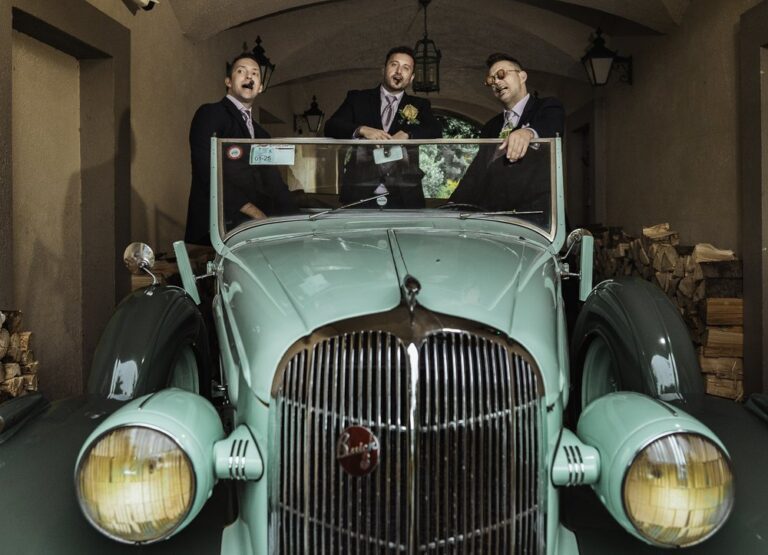 Vintage green wedding car parked outside Sheen Falls Lodge, Kenmare