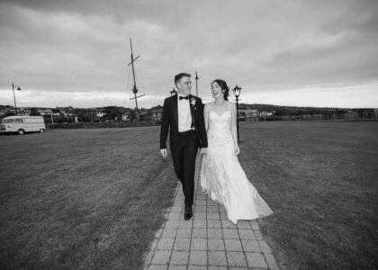 Bride and groom in evening light outside JODPhotography