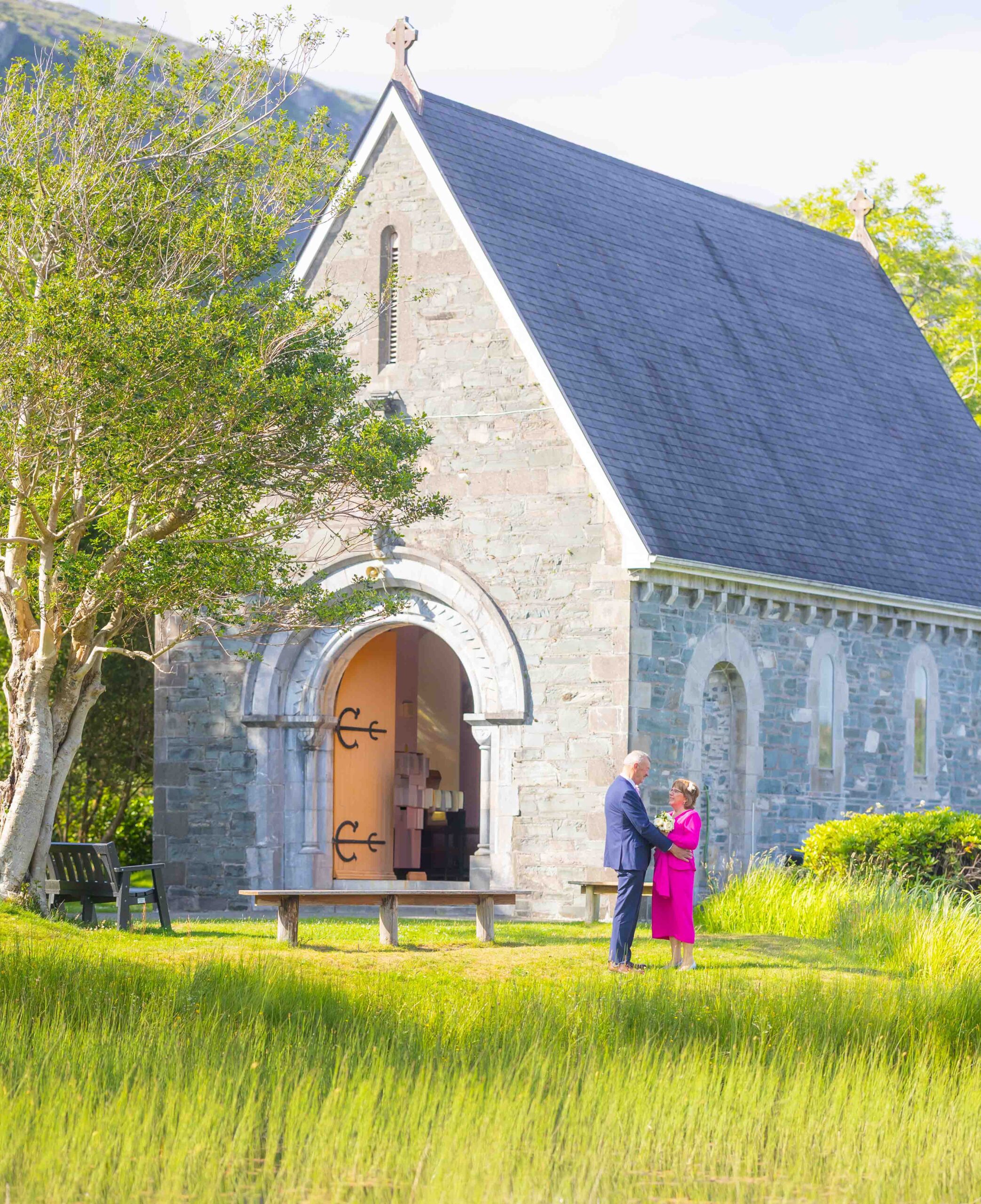 Sunset light hitting the chapel at the end of the ceremony JODPhotography