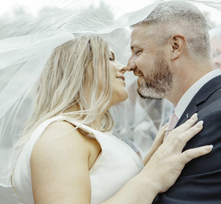 Bride and groom nose to nose under her veil at their wedding at The Mills Inn, Ballyvourney