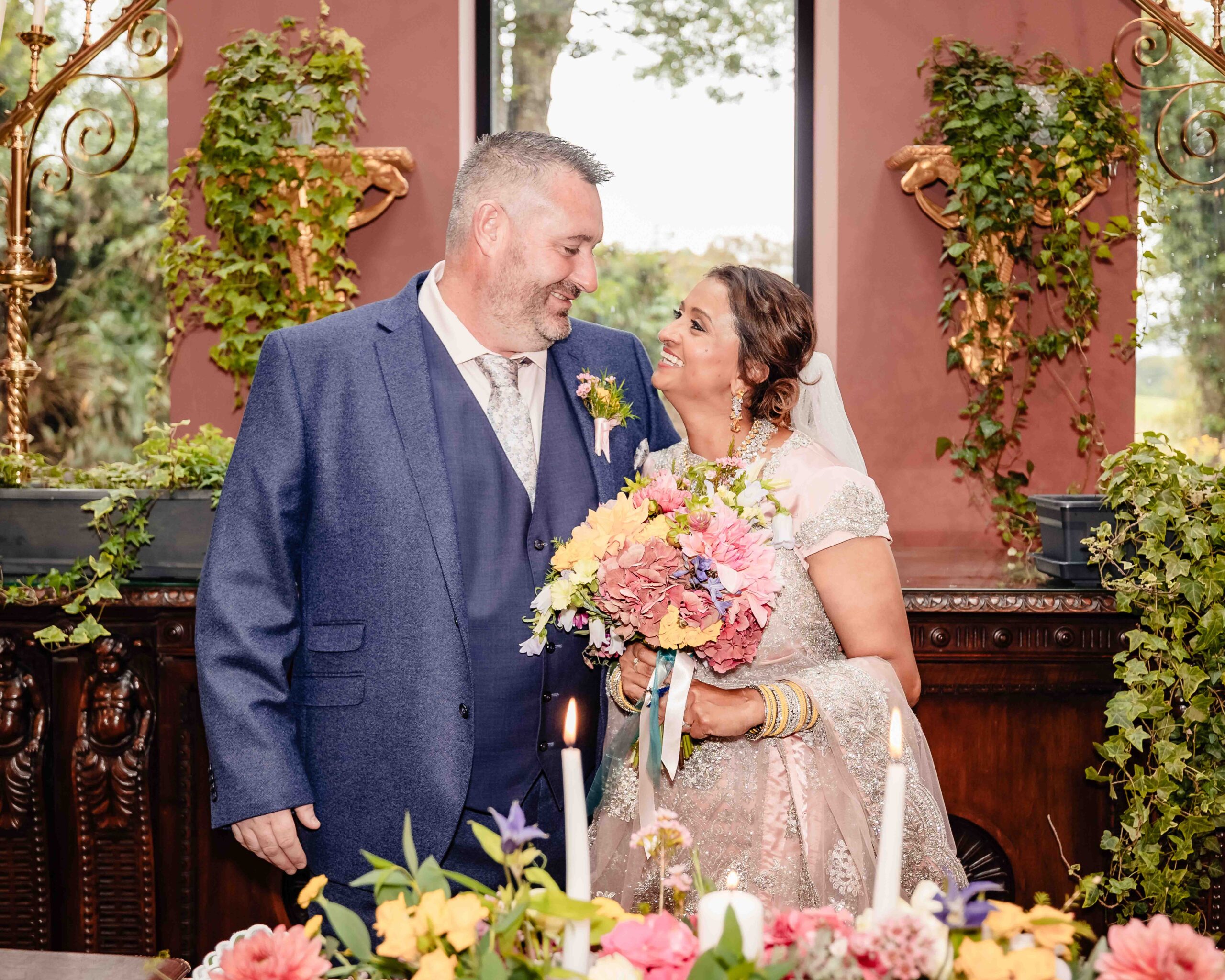 Monita and Damien outside The Belfry ceremony space during their Ballyseede Castle wedding in Kerry.