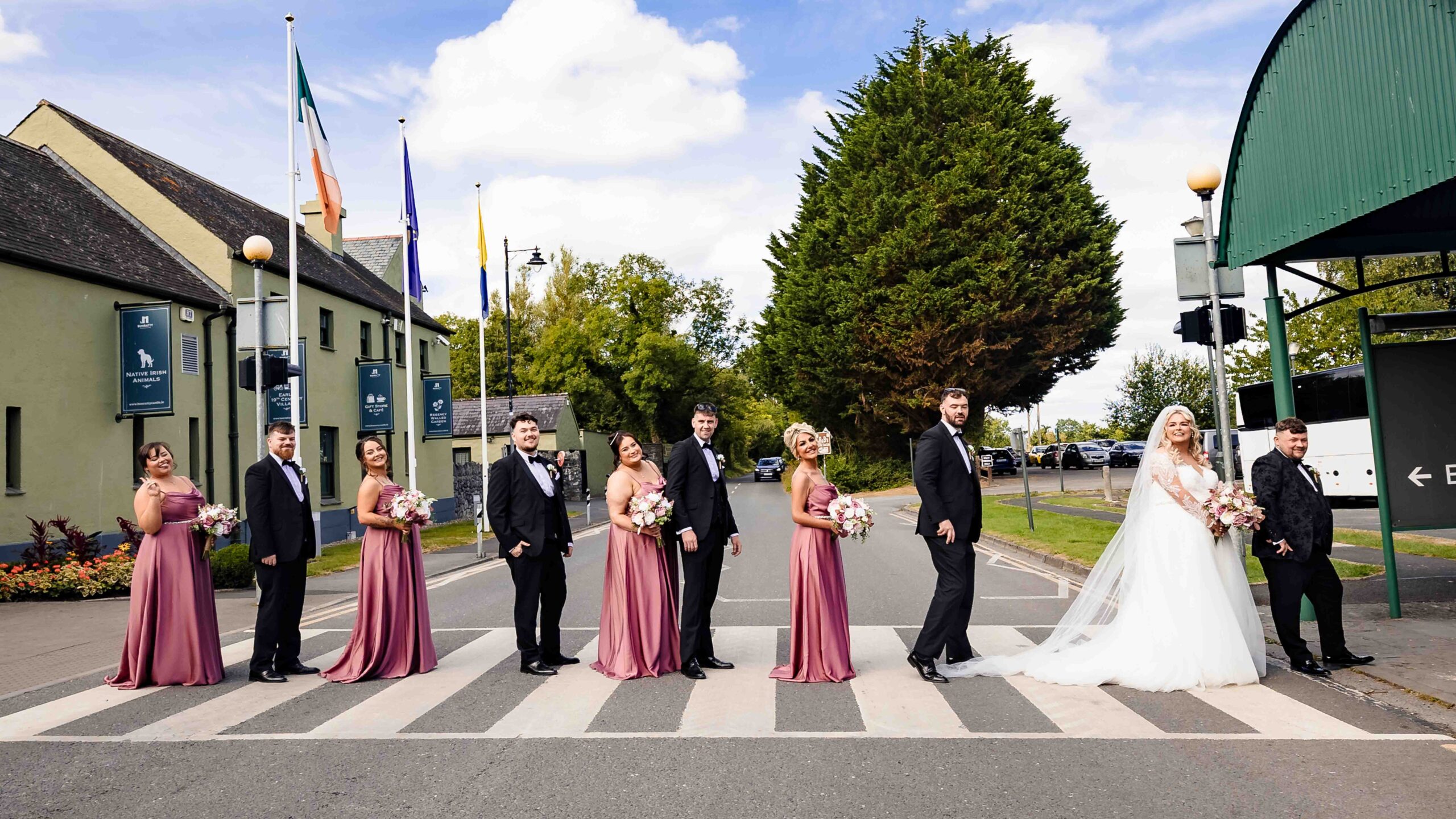 Bride and groom surrounded by friends at Bunratty Castle