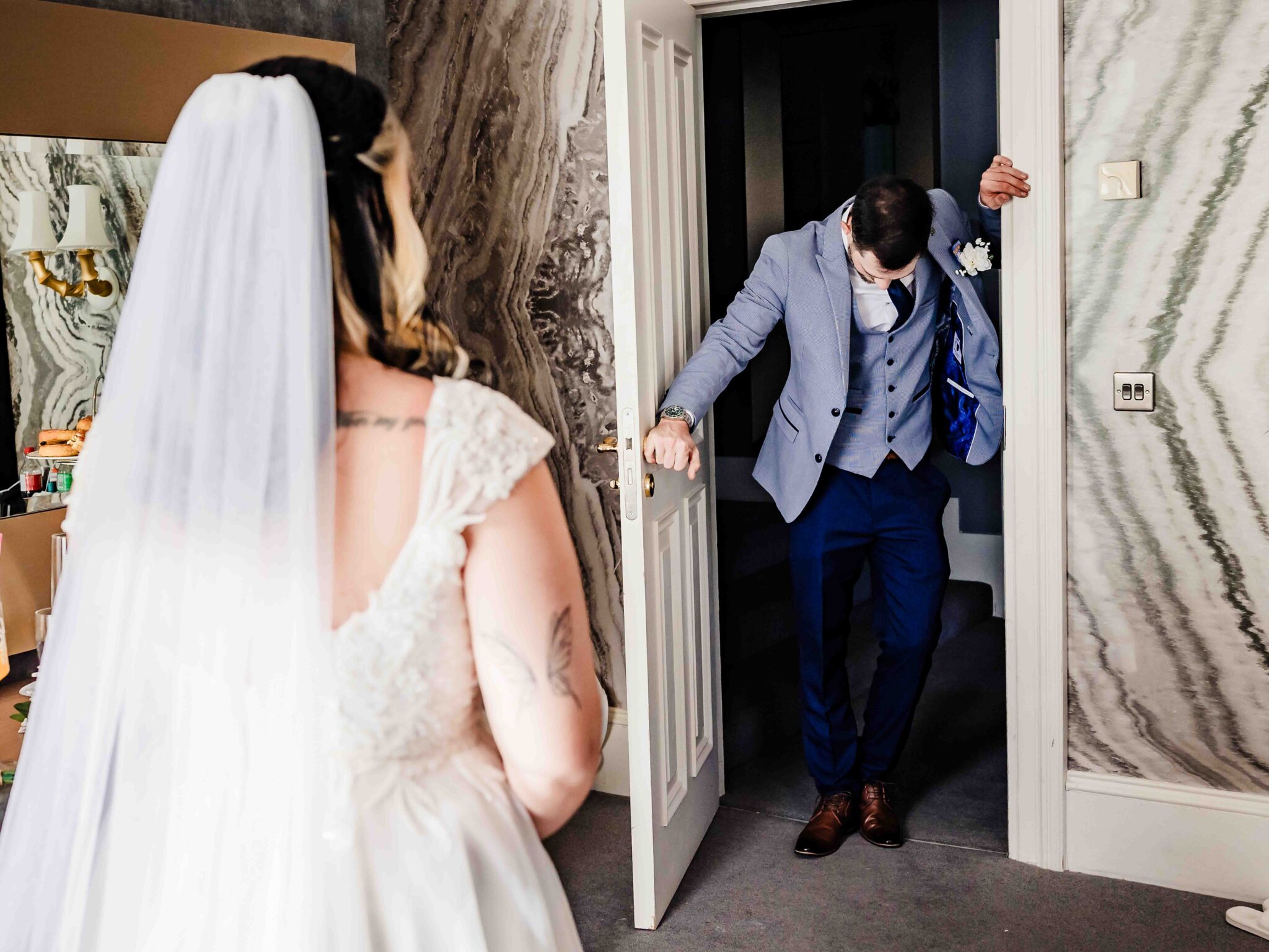 Brandon looks down at the door as he arrives for the first look with Shannon at the Talbot Hotel Cork