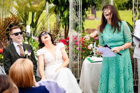 Fiona smiling during outdoor wedding ceremony in County Clare